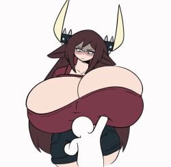 1boy 1girls animal_ears animated big_breasts bouncing_breasts breasts cow_ears cow_girl cow_horns cow_tail enormous_breasts female gigantic_breasts glasses hyper_breasts massive_breasts moomoo_(fiffer) red_dress tagme video