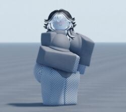 3d ass baseplate big_ass big_breasts blush blush breasts day daytime fishnets grabbing_breasts grey_shirt long_hair roblox roblox_background robloxian smile white_body white_hair white_skin