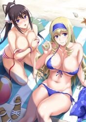 2girls barefoot bikini blonde_hair blue_bikini blue_eyes blush breasts brown_hair cecilia_alcott cleavage covering_breasts covering_privates drill_hair feet hairband highres infinite_stratos ishigaki_takashi legs long_hair looking_at_viewer multiple_girls navel open_mouth parted_lips ponytail seductive_smile shinonono_houki sitting smile swimsuit thick_thighs thighs unworn_bikini_top