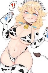 1girls big_breasts blonde_hair blue_eyes blush cowbell cowkini exposed_torso gloves hair_ornament kaneko_lumi light-skinned_female light_skin looking_at_viewer maya_(mayaowo) milk_bottle phase_connect phase_invaders plump thick_thighs thighhighs tongue_out virtual_youtuber vtuber