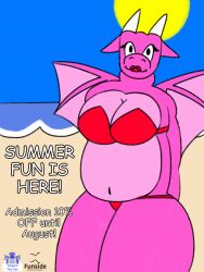 advertisement beach big_breasts big_snout bikini caitsquartrs delilah_the_dragon_(dougies_love_den) dougies_love_den dougies_play_den dragon dragon_wings female funside_entertainment oc overweight pink_body pinup red_bikini skimpy text thick_thighs two_tone_body