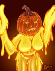 breasts breasts_out digital_art digital_media digital_media_(artwork) digital_painting_(artwork) dripping geminart glowing halloween nude nude_female orange_slime original original_art original_character pumpkin pumpkin_head slime slime_girl slime_monster