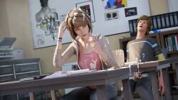 1boy 1girls 3d brown_hair classroom clothed_female cum cum_in_hair female koomer life_is_strange male masturbating masturbation max_caulfield school small_penis teen teenager voyeur voyeurism warren_graham watching