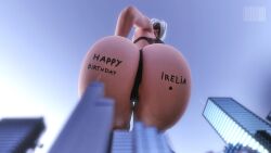 1girls 3d ass barcode1998 big_ass blindfold city english_text female female_only giantess huge_ass light-skinned_female light_skin looking_down low-angle_view macro nier nier:_automata short_hair solo text white_hair yorha_2b