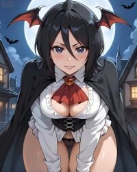 ai_generated alternate_breast_size athletic_female bare_legs big_breasts black_hair bleach blue_eyes eroero_waifus halloween halloween_costume huge_breasts huge_thighs kuchiki_rukia large_breasts light-skinned_female light_skin looking_at_viewer short_hair shounen_jump smiling solo_female squatting sweat sweatdrop thick_thighs thighs vampire_costume voluptuous voluptuous_female