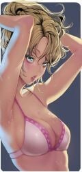 adjusting_hair armpits arms_up bare_arms bare_shoulders blonde_hair blue_eyes blush bra brave_new_world breasts cleavage collarbone jin_seo-rin lipstick long_hair manhwa medium_breasts parted_lips pornhwa sideboob underwear webtoon wet_body yoongonji