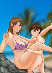 1boy1girl age_difference beach bikini_top brown_hair digital_drawing_(artwork) exibitionism milf mother mother_and_son outdoor_sex posing razura size_difference smiling son