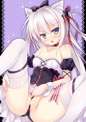 animal_ears azur_lane bangs bare_shoulders between_labia black_panties blue_eyes blush breasts cat_ears cat_hair_ornament cleavage collarbone commentary_request eyebrows_visible_through_hair female fingernails hair_between_eyes hair_ornament hair_ribbon hammann_(azur_lane) head_tilt innie_pussy long_hair looking_at_viewer mitsuimina nail_polish nose_blush open_mouth panties partially_visible_vulva pink_nails puffy_short_sleeves puffy_sleeves red_choker red_ribbon remodel_(azur_lane) ribbon short_sleeves silver_hair skirt small_breasts solo thighhighs two_side_up underbust underwear v-shaped_eyebrows very_long_hair white_legwear white_skirt