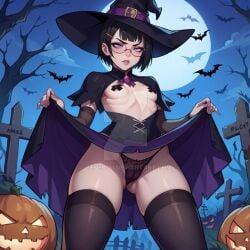 ai_generated cameltoe deviantart deviantart_link deviantart_username gener-ai glasses graveyard halloween halloween_costume high_school_dxd nipple_tape sona_sitri standing taped_nipples watermark witch witch_costume witch_hat