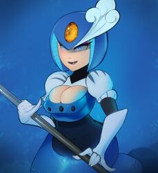 breasts capcom cleavage cleavage_cutout eyeshadow female helmet large_breasts makeup mega_man mega_man(classic) mermaid plantpenetrator polearm solo splash_woman underwater weapon