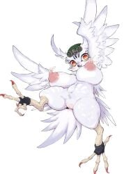3:4 anthro avian beak big_breasts bird black_beak bodily_fluids bouncing_breasts breasts dipstick_beak eyewear eyewear_on_head feathered_wings feathers feet female genitals goggles goggles_on_head hi_res kemono lactating milk nipples non-mammal_breasts non-mammal_lactation nude open_mouth open_smile raised_arms raised_leg red_eyes shortstack simple_background smile solo talons thick_thighs toes tokumori_kaisen vulva white_background white_body white_feathers wide_hips winged_arms wings