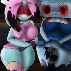 2girls background big_ass big_breasts big_hips blue_body blue_dress blue_hair cyberkirieshka dandy's_world embarrassed female freckles maid_uniform pink_bow pink_dress poppy_(dandy's_world) pussy red_eyes roblox roblox_avatar roblox_game squirting stockings tagme tisha_(dandy's_world)