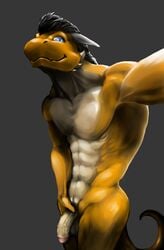 1boy 2017 anthro black_hair digital_media_(artwork) dragon dynathecat foreskin hair horn humanoid_penis male male_only nude penis penis_grab scalie selfie simple_background solo tarkus_j._queen western_dragon yellow_skin