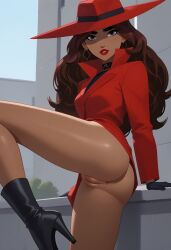 1girls ai_generated ass bubble_butt carmen_sandiego carmen_sandiego_(2019) high_heel_boots high_heels looking_at_viewer one_leg_up presenting_pussy pussy solo solo_focus standing