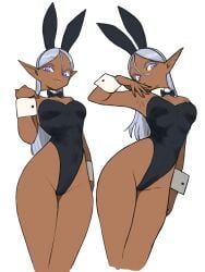 1girls 2024 booty bunny_ears bunny_ears_(cosmetic) bunnysuit dark-skinned_female dark_elf dark_skin detached_collar elf elf_ears elf_female female female_only grey_hair hi_res long_hair looking_at_viewer multiple_views neck_ribbon purple_eyes simple_background smiling smiling_at_viewer smug solo toshinoshin00 white_background wrist_cuffs