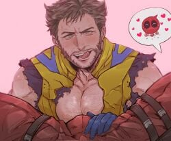 2boys :q aroused bara beard blush body_blush bodysuit brown_hair bulge bulge_press chest_hair chibi chibi_inset couple crotch_grab deadpool deadpool_&_wolverine_(2024) facial_hair full-face_blush gay gloves green_eyes heart large_pectorals licking_lips looking_at_viewer male male/male male_focus marvel marvel_cinematic_universe marvel_comics masososo mature_male multiple_boys muscular muscular_male out_of_frame pecjob_under_clothes pectoral_press pectorals pink_background pov pov_crotch red_bodysuit red_mask short_hair sleeveless solo_focus spread_legs superhero_costume sweat sweatdrop teeth tongue tongue_out torn_bodysuit torn_clothes veins veiny_arms wolverine_(x-men) x-men yaoi