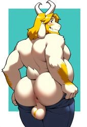 ai_generated ai_masker anus asgore_dreemurr goat hairy_balls horns looking_back male_only musclegut pulling_down_pants simple_background undertale undertale_(series)