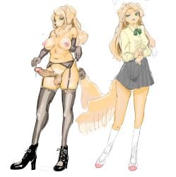 anthro areola balls big_penis biped bird_dog blonde_hair blue_eyes bodily_fluids bottomwear breasts canid canine canis clothed clothing domestic_dog erection fingers floppy_ears footwear fur genital_fluids genitals glans golden_retriever gynomorph hair haru_shogun hi_res high_heels humanoid_genitalia humanoid_penis hunting_dog intersex mammal nipples penis precum retriever shoes simple_background skirt solo tail vein veiny_penis white_background