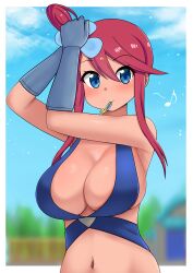 1girls artist_request big_breasts breasts cleavage cleavage_cutout female huge_breasts large_breasts long_hair pokemon red_hair skyla_(pokemon) solo