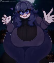 1girls creepy_smile dress forest gaze hex_maniac huge_breasts human lewd_bun_64 long_nails looking_at_viewer massive_breasts night pokemon pokemon_trainer pokemon_xy pumpkaboo purple_eyes purple_hair purple_nails reaching_out strugglebunny wide_hips