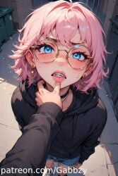 ai_generated black_hoodie blackmail blue_eyes choker crying denim_shorts femboy futanari gay glasses library pink_hair reading