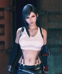 bare_belly belly_button big_breasts black_hair braces final_fantasy final_fantasy_vii final_fantasy_vii_remake gameplay gameplay_screenshot gloves ingame_model long_hair mod skirt slim_waist smiling tifa_lockhart top