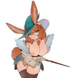 1girls aurora_(league_of_legends) big_breasts blue_eyes bunny_ears freckles glasses hat league_of_legends long_hair looking_at_viewer oniiyanna open_mouth orange_hair partially_clothed presenting riot_games smile solo standing tail thick_thighs topless vastaya wand white_background