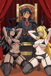 1boy 2girls ash_ketchum big_breasts black_hair blonde_hair blue_eyes brown_eyes cleavage clothed_male cynthia_(pokemon) geeta_(pokemon) lingerie nintendo pants pokemon pokemon_(anime) satoshi_(pokemon) tuxedo yxyyxy