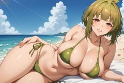 ai_generated bare_thighs bashame_meme beach bikini bikini_top brown_eyes eroero_waifus gigantic_breasts green_hair huge_breasts huge_thighs light-skinned_female light_skin looking_at_viewer massive_breasts my_deer_friend_nokotan shikanoko_nokonoko_koshitantan short_hair smiling solo_female squatting sweat sweatdrop thick_body thick_female thick_thighs thighs voluptuous voluptuous_female