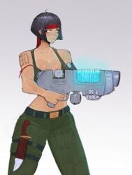 1girls astra_militarum bandana belt black_hair catachan_jungle_fighters cybernetic_arm cybernetics female female_only green_eyes guardswoman_(warhammer_40k) gun imperial_guard imperium_of_man knife military military_uniform number_tattoo plasma_gun ranged_weapon red_bandana red_string short_hair soldier string stuuuuh tank_top tattoo tattoo_on_shoulder warhammer_(franchise) warhammer_40k weapon