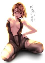 bare_arms bare_shoulders belly_button blush brave_new_world breasts brown_eyes brown_hair cleavage collarbone hand_on_own_hip lipstick manhwa medium_breasts na_so-ri nail_polish no_bra on_knees open_mouth open_shirt pantyhose pornhwa red_nails short_hair sideboob smile spread_legs thighs torn_pantyhose webtoon yoongonji