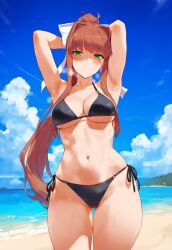 1girls ai_generated beach big_breasts bikini black_bikini breasts brown_hair doki_doki_literature_club female female_focus female_only green_eyes large_breasts light-skinned_female looking_at_viewer monika_(doki_doki_literature_club) ponytail smiling smiling_at_viewer