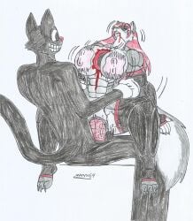 anthro big_breasts big_hips big_penis black_body black_eyes blood blood_in_mouth blue_eyes bouncing_breasts cartoon_cat corpse corpse_fuck cowgirl_position demon_cat empty_eyes female_death furry gray_body gray_fur guro hole_on_body luka_cross male/female marlon64 muscular_anthro muscular_female naked_female naked_gloves naked_stockings necrophilia pussy_juice red_hair red_penis rolling_eyes snuff traditional_drawing_(artwork) vaginal_penetration vaginal_sex white_background wolf_girl