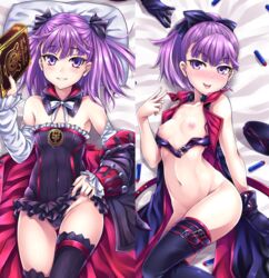 :p ass bare_shoulders bikini black_legwear blush book breasts dakimakura detached_sleeves fate/grand_order fate_(series) female hat helena_blavatsky_(fate) helena_blavatsky_(swimsuit_archer) looking_at_viewer miyabi_urumi navel open_mouth pillow ponytail purple_eyes purple_hair short_hair small_breasts smile strapless swimsuit thighhighs tongue tongue_out