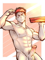 1boy abs bara erection flexing food hat male_focus muscle nude penis pizza_box pizza_boy solo white_rabbit_(artist)