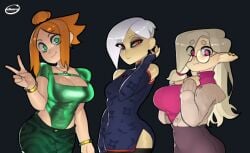 3girls asian asian_female ass big_breasts black_background bracelet bracelets breasts chubby chubby_female cleavage curvy curvy_female curvy_figure dress earring earrings female friends ginger ginger_hair glasses green_eyes hair_over_one_eye hourglass_figure mikaela_(rayschera) oc office_lady orange_hair original original_character original_characters pattern_clothing pink_eyes pointy_ears rayschera reflective_clothing rosalia_(rayschera) shen_(rayschera) tagme thick_ass thighs traditional_clothes trio turtleneck voluptuous voluptuous_female white_hair