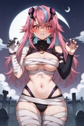 1girls ai_generated blush breasts emikukis halloween halloween_costume i_generated latam_virtual_youtuber long_hair looking_at_viewer multicolored_hair mummy mummy_costume night outdoors pink_hair sky_blue_hair solo_female tagme thighs tupadrev4 virtual_youtuber vtuber