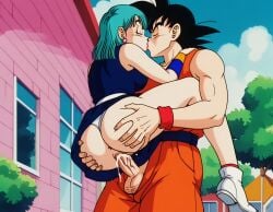 1990s_(style) 1boy 1girls 23rd-world_martial_arts_tournament ai_generated ass ass_grab breasts bulma_briefs carrying clothing cum_in_pussy dragon_ball dragon_ball_(classic) female goku kissing lifted male ntr sex son_goku vaginal_penetration