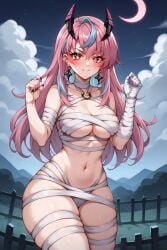 1girls ai_generated blush breasts halloween halloween_costume i_generated latam_virtual_youtuber long_hair looking_at_viewer multicolored_hair mummy mummy_costume night outdoors pink_hair sky_blue_hair solo_female tagme thighs tupadrev4 virtual_youtuber vtuber