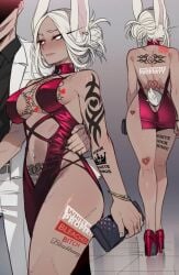 bleached dark-skinned_female dress heels light-skinned_male miruko queen_of_hearts raceplay tattoo white_hair