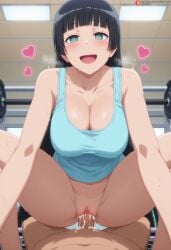 1boy 1girls ai_generated airiakane athletic_female bare_thighs big_breasts big_penis black_hair blue_eyes blush cowgirl_position cum cum_explosion cum_inside cum_overflow cum_overflowing dumbbell_nan_kilo_moteru? excessive_cum female_pov heart-shaped_pupils horny_female huge_breasts huge_cock huge_thighs light-skinned_female light-skinned_male light_skin long_hair looking_down low-angle_view massive_breasts muscular_male nai_diffusion nude nude_male penis sex smiling soryuin_akemi squatting sweat sweatdrop tank_top thick_thighs thighhighs thighs vaginal_penetration veiny_penis voluptuous voluptuous_female