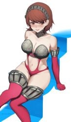 1girls atlus belly_button blush breasts brown_hair ekuskarma female female_only high-cut-armor huge_breasts human light-skinned_female light_skin nose_blush persona persona_3 short_hair solo yukari_takeba