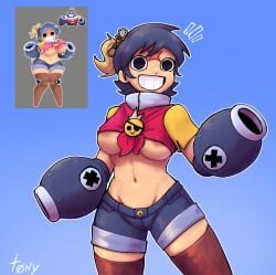 1girls anthro anthrofied areola_slip black_eyes blonde_hair blue_background blue_hair brawl_stars breasts cannon female jean_shorts koishiko_(artist) medium_breasts multicolored_hair navel personification ponytail red_shirt reference_image shirt short_hair shorts smile solo standing thony_690 tick_(brawl_stars) tied_shirt