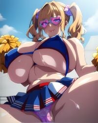 ai_generated akane_nanao akane_wa_tsumare_somerareru bare_legs blonde_hair blue_eyes cheerleader erect_nipples eroero_waifus gigantic_breasts glasses huge_breasts huge_thighs light-skinned_female light_skin looking_down low-angle_view massive_breasts panties puffy_nipples pussy_visible_through_panties smiling solo_female squatting sweat sweatdrop thick_body thick_female thick_thighs thighhighs thighs twintails voluptuous voluptuous_female