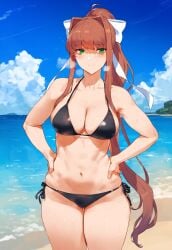 1girls ai_generated beach big_breasts bikini black_bikini breasts brown_hair doki_doki_literature_club female female_focus female_only green_eyes large_breasts light-skinned_female looking_at_viewer monika_(doki_doki_literature_club) ponytail smiling smiling_at_viewer