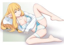 1girls blonde_hair breasts cleavage elf elf_ears elf_female elf_girl female female_only frieren_beyond_journey's_end kyabe2ndmk2 looking_at_viewer lying lying_on_back lying_on_ground medium_breasts panties pointy_ears serie_(sousou_no_frieren) solo solo_female sousou_no_frieren spread_legs thighs underwear white_panties white_underwear yellow_eyes