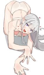 1girls all_fours ass ass_up back blush breasts breasts_apart elf elf_ears elf_female elf_girl emilia_(re:zero) half-dressed hanging_breasts high-angle_view looking_at_viewer on_floor partially_clothed purple_eyes re:zero_kara_hajimeru_isekai_seikatsu sattinittas silver_hair smile solo thighs white_background