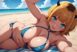 ai_generated bare_thighs beach bikini bikini_top blonde_hair blue_eyes eroero_waifus gigantic_breasts horn horns huge_breasts huge_thighs light-skinned_female light_skin looking_at_viewer massive_breasts memcho multicolored_hair oshi_no_ko short_hair shounen_jump+ smiling solo_female squatting sweat sweatdrop thick_body thick_female thick_thighs thighs voluptuous voluptuous_female