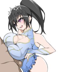 1boy bare_shoulders black_hair blush breasts cleavage_cutout curvy dress female gloves highres large_breasts long_hair ohako open_mouth original paizuri penis ponytail purple_eyes simple_background skirt solo_focus standing straight testicles tiara uncensored white_background