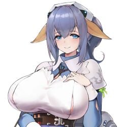 areola_bulge areola_slip areolae_visible_through_clothing bangs blue_eyes blue_hair eyebrows_visible_through_hair female female_focus female_only game_cg hair_between_eyes hair_ribbon hand_on_breast hand_on_chest hand_on_own_breast hand_on_own_chest headdress headgear headwear high_collar huge_breasts last_origin long_hair maria_(last_origin) nipple_bulge ponytail ribbon ribbon_in_hair sidelocks sima_(startwitch) smile smiling smiling_at_viewer tight_clothing transparent_background